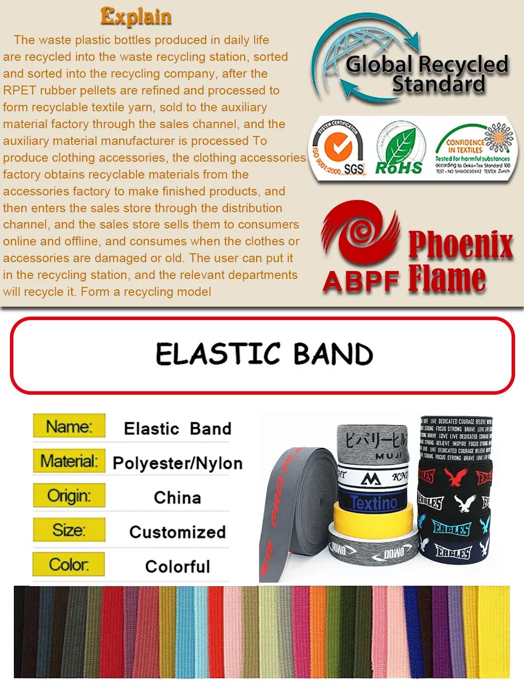 Custom Recycled RPET Print Logo Polyester Woven Webbing Jacquard Elastic Tape for High Quality Clothing Sportswear